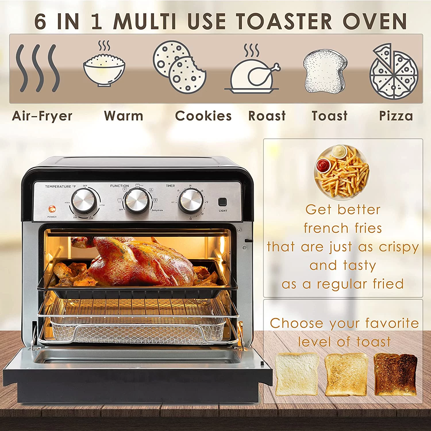 YINCHEN Air Fryer Oven, 6-in-1 Toaster Oven 23 Quart, Airfryer Toaster Oven For Roast, Bake, Broil, Stainless Steel Accessories Included