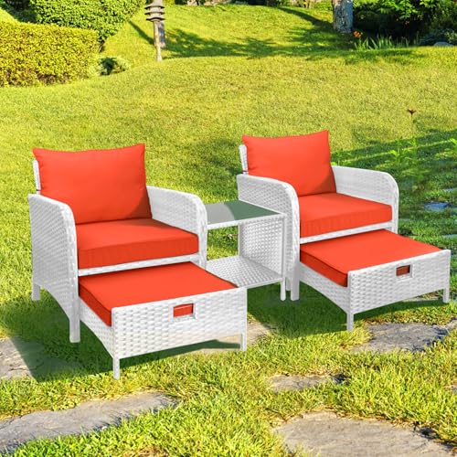LEVELEVE Balcony Furniture 5 Piece Patio Conversation Set, PE Wicker Rattan Outdoor Lounge Chairs with Soft Cushions 2 Ottoman&Glass Table for Porch