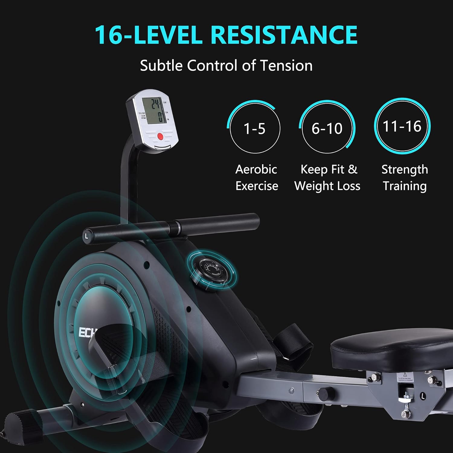 ECHANFIT Magnetic Rower Machine with 16-Level Silence Resistance for Whole Body Rowing with LCD Monitor for Home Gym