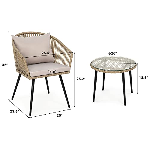 YITAHOME 3-Piece Wicker Small Patio Balcony Chair Set, Outdoor Rattan Conversation Apartment Chairs for Backyard