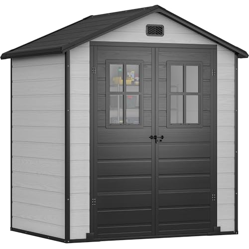 DWVO 6x4.4 FT Resin Storage Shed with Fence-Style and Side Windows, Lockable Door, and Vents for Garden, Backyard, Patio, Lawn, Brown
