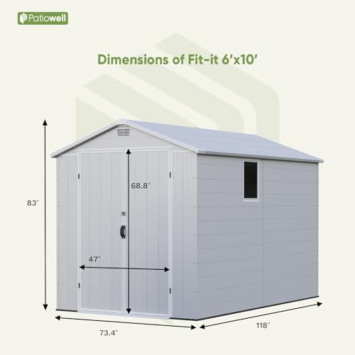 Patiowell 6 x 8 FT Plastic Outdoor Storage Shed with Floor, Resin Outside Tool Shed with Two Windows and Lockable Easy to Install, Door for Garden