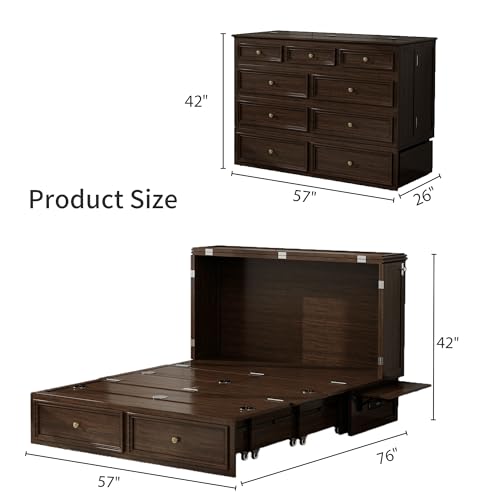 Murphy Bed Cabinet Full, Solid Wood Murphy Bed with 2 USB & 2 Charging Ports, Large Storage Drawer for Home Office or Small Space