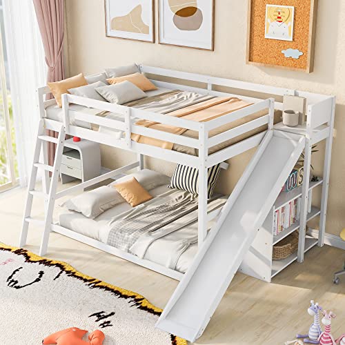 Full-Over-Full Castle Style Bunk Bed with 2 Drawers and 3 Shelves, Wood Bunk Bed Frame with Slide and Storage Staircase for Kids Teens Boys Girls