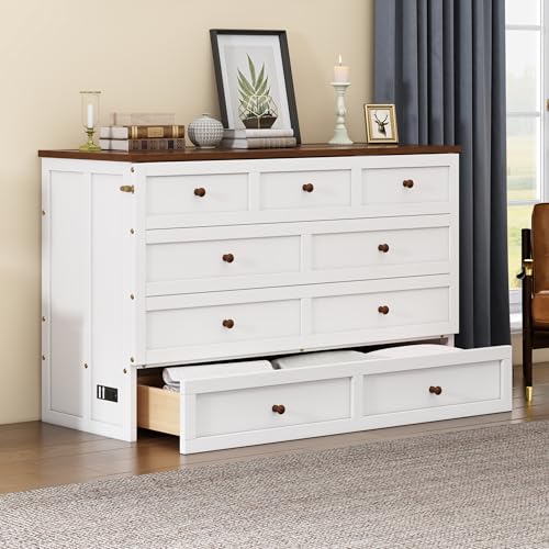 Merax Modern Farmhouse Solid Wood Murphy Bed Chest/Space Saving/Wood Slat Support/Queen,White+Walnut