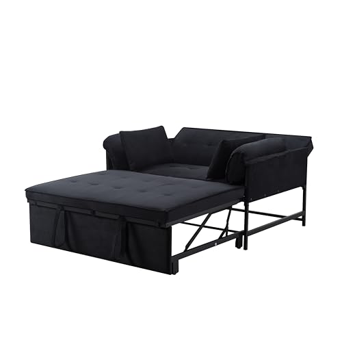3 in 1 Sleeper Sofa Bed, Futon Sofa Bed for Living Room with Side Pocket, Black Sleepers Sofa Couch with Pullout Bed