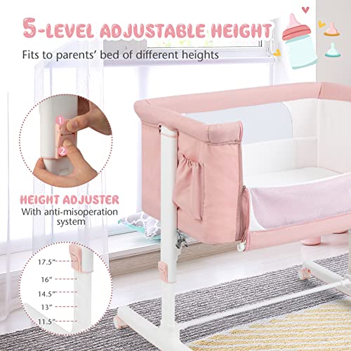 BABY JOY Bassinet Bedside Sleeper, 3 in 1 Folding Crib w/Adjustable Height, Mattress, Lockable Wheels, Storage Pocket & Carry Bag for Infant Newborn