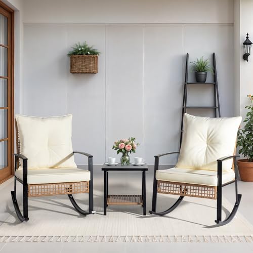 Outvita 3-Piece Outdoor Rocking Bistro Set, Patio Furniture Set w/Soft Thick Cushions & 2-Tier Coffee Table