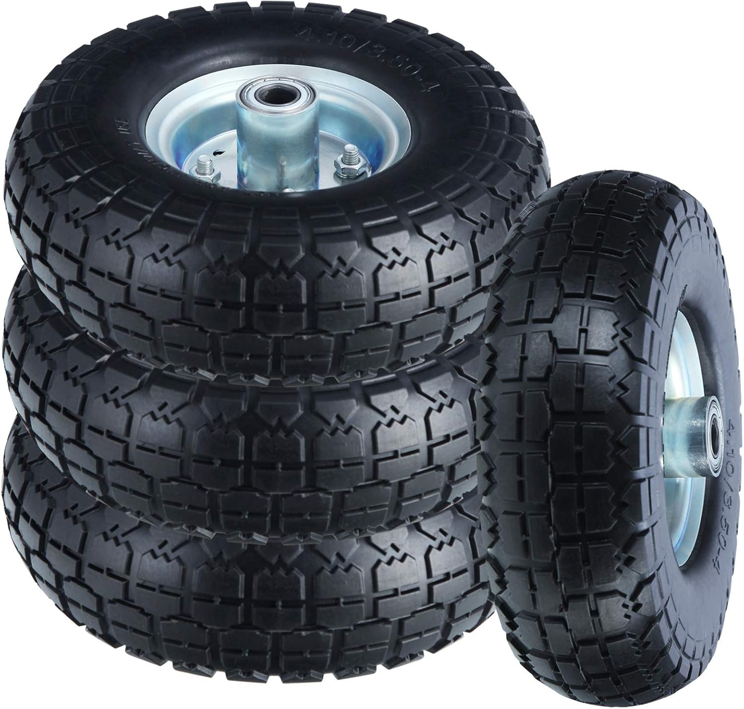 10" Flat Free Tires Solid Rubber Tyre Wheels，4.10/3.5-4 Air Less Tires Wheels with 5/8" Center Bearings，for Hand Truck/Trolley/Garden Utility Wagon