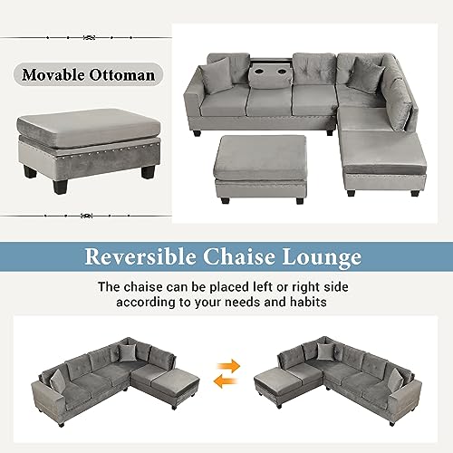 P PURLOVE Sectional Sofa Couch with Reversible Chaise and Ottoman, Polyester L-Shape Couch with 2 Pillows and Cup Holder