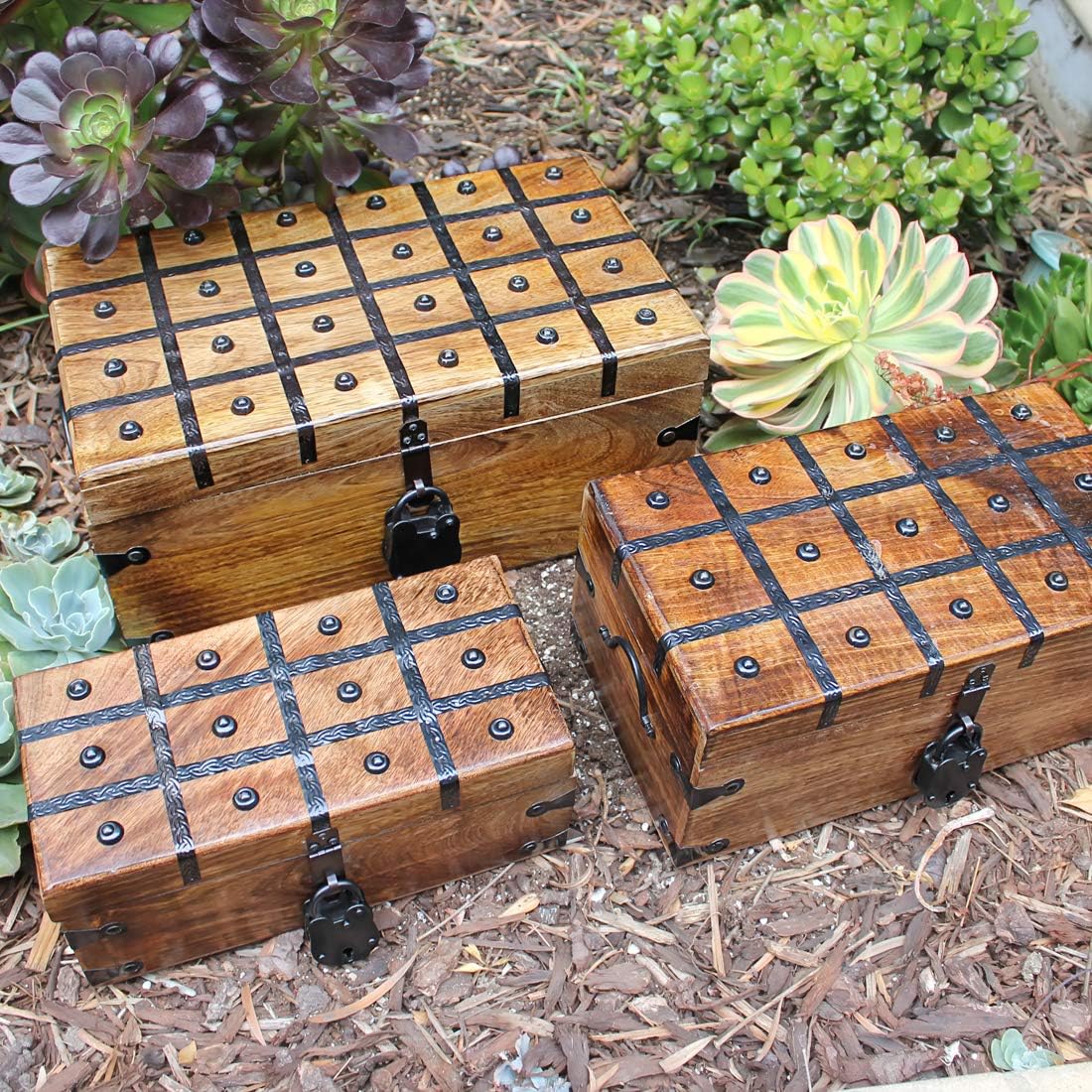 Nautical Cove Treasure Chest Wooden Box with Antique Iron Lock and Skeleton Key - Storage and Decor (Medium 12.25 x 6 x 5.5)