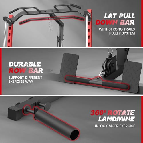 Smith Machine with LAT-Pull Down, Multi-Functional Smith Machine, Power Cage with Cable Crossover, Squat Rack with Landmine, Barbell Bar