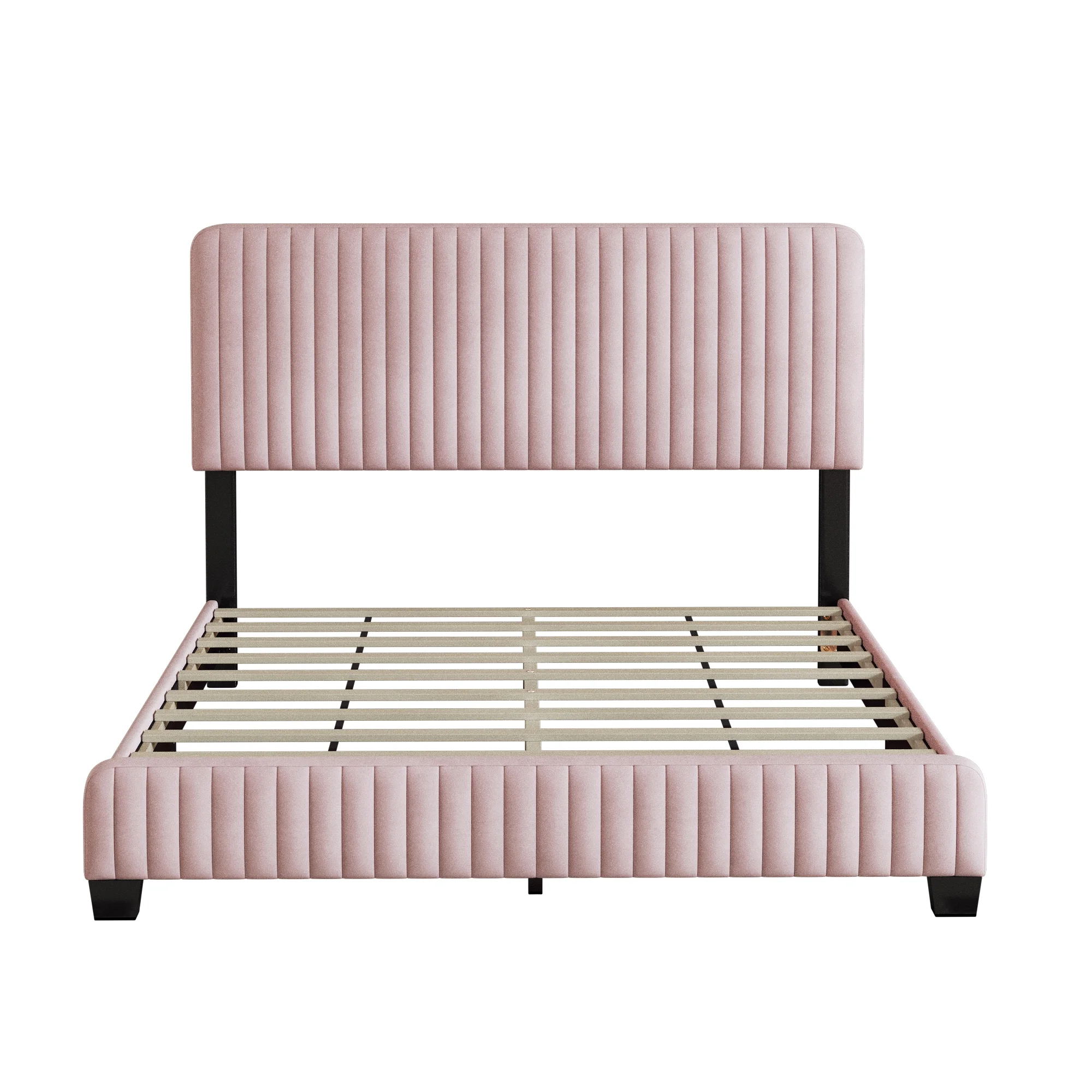 Churanty Full Size Upholstered Platform Bed,Velvet Platform Bed Frame with Headboard,Pink