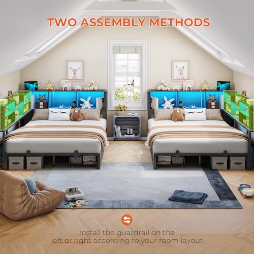 DICTAC Corner Twin Bed Frame with Bookcase Storage and Led Lights Metal Twin Size Platform Beds with Storage and Charging Station Twin Daybed with 2