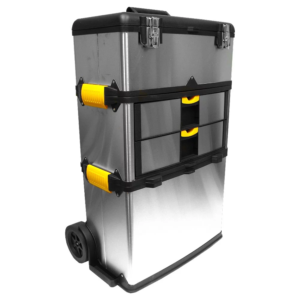 Portable Tool Box with Wheels ? Stainless-Steel Stackable 3-Part Tool Chest ? Extendable Handle and Tough Latches on the Mobile Tool Box by Stalwart