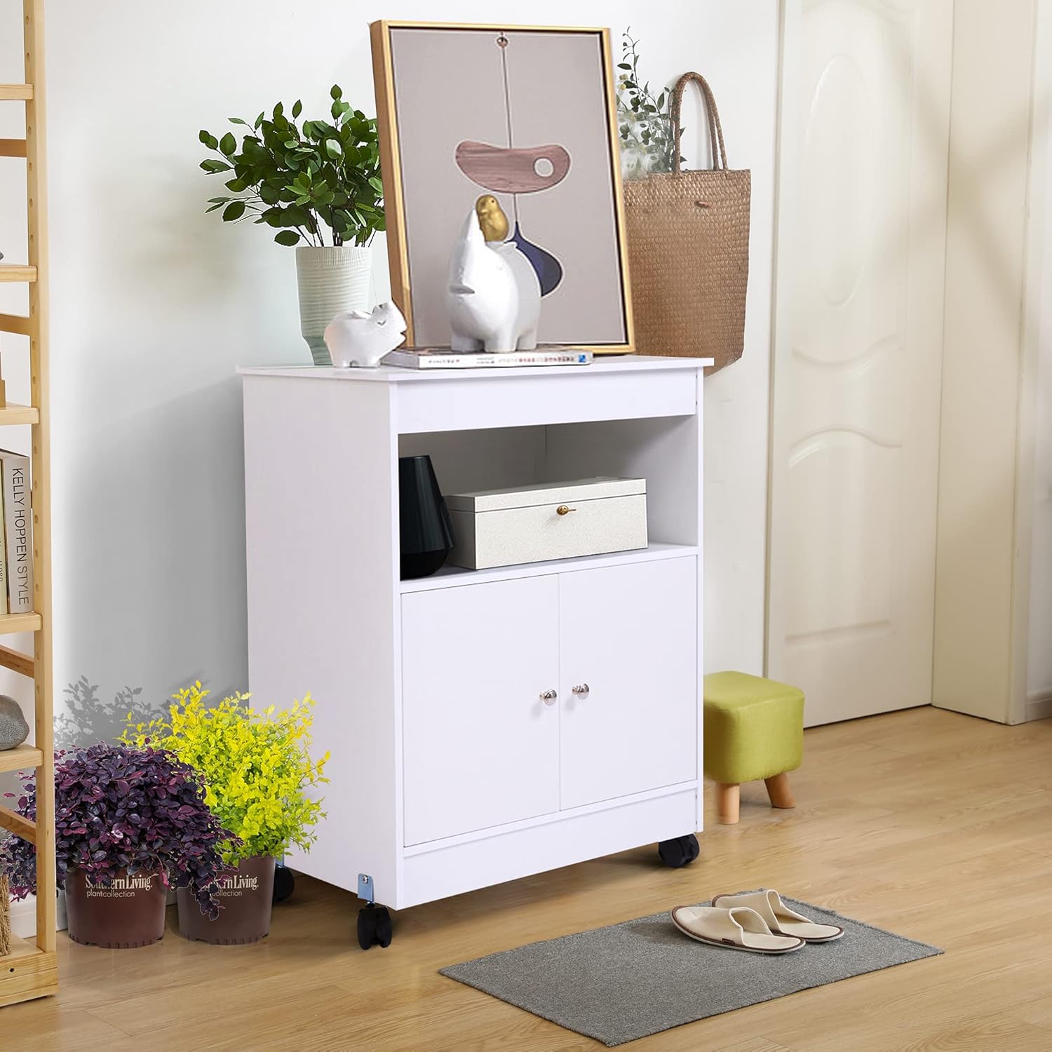 Microwave Cabinet Cart,Microwave Stand Kitchen Cart with Storage, Double Door Cabinet, Open Storage,Top Shelf,White