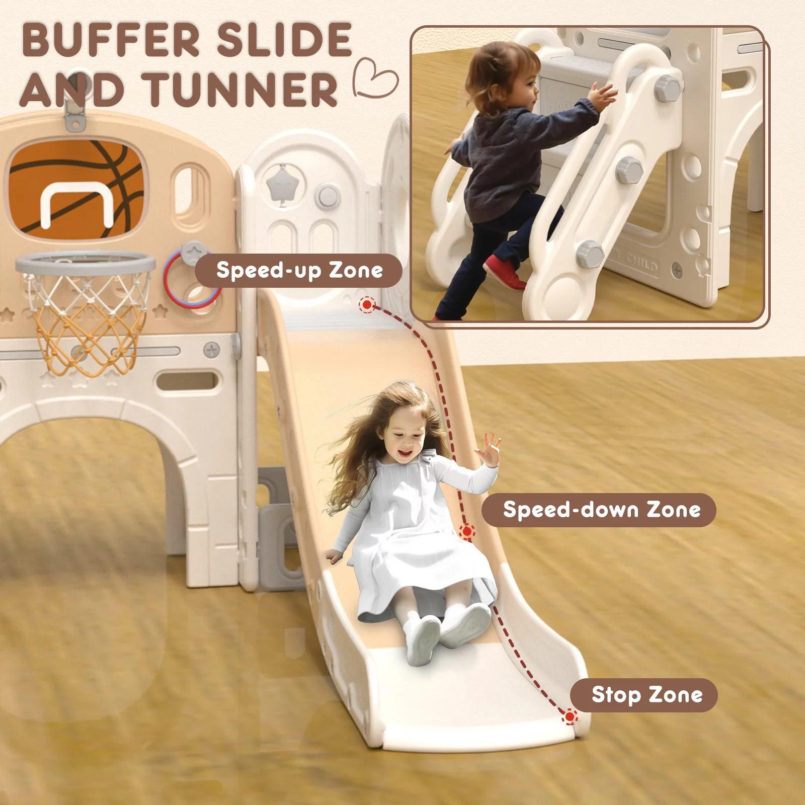 KORIMEFA 7-in-1 Kids Slide with Climber, Toddler Climber Slide Play Set with Basketball Hoop, Tunnel, Telescope and Storage Space