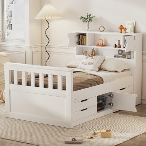 Harper & Bright Designs Twin Size Captain Platform Bed with Bookcase Headboard, Wood Twin Bed Frame with Storage Drawers and Shelves