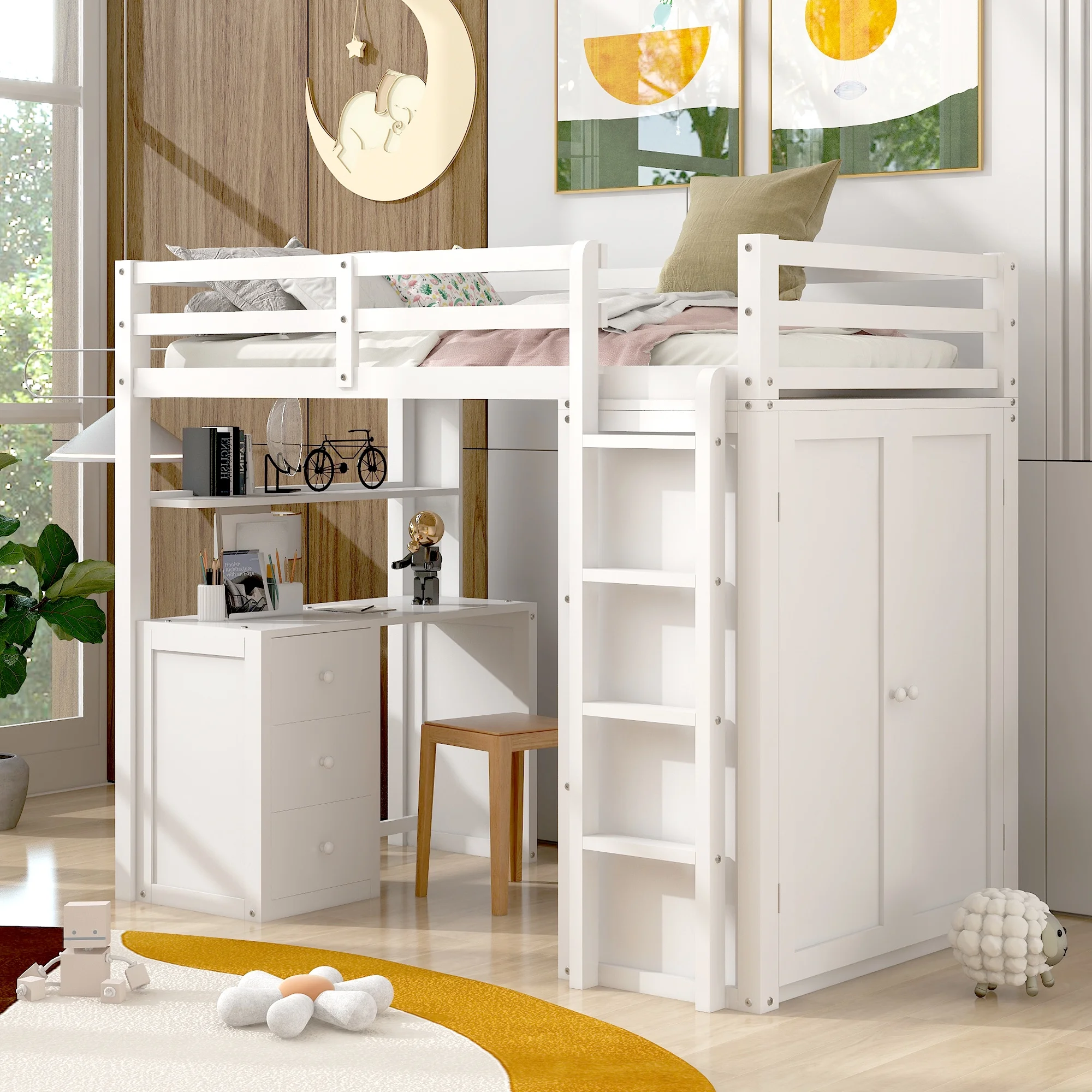 Wooden Twin Size Loft Bed for Kids, Twin Loft Bed with Drawers, Desk, Wardrobe, Ladder & Safety Rails