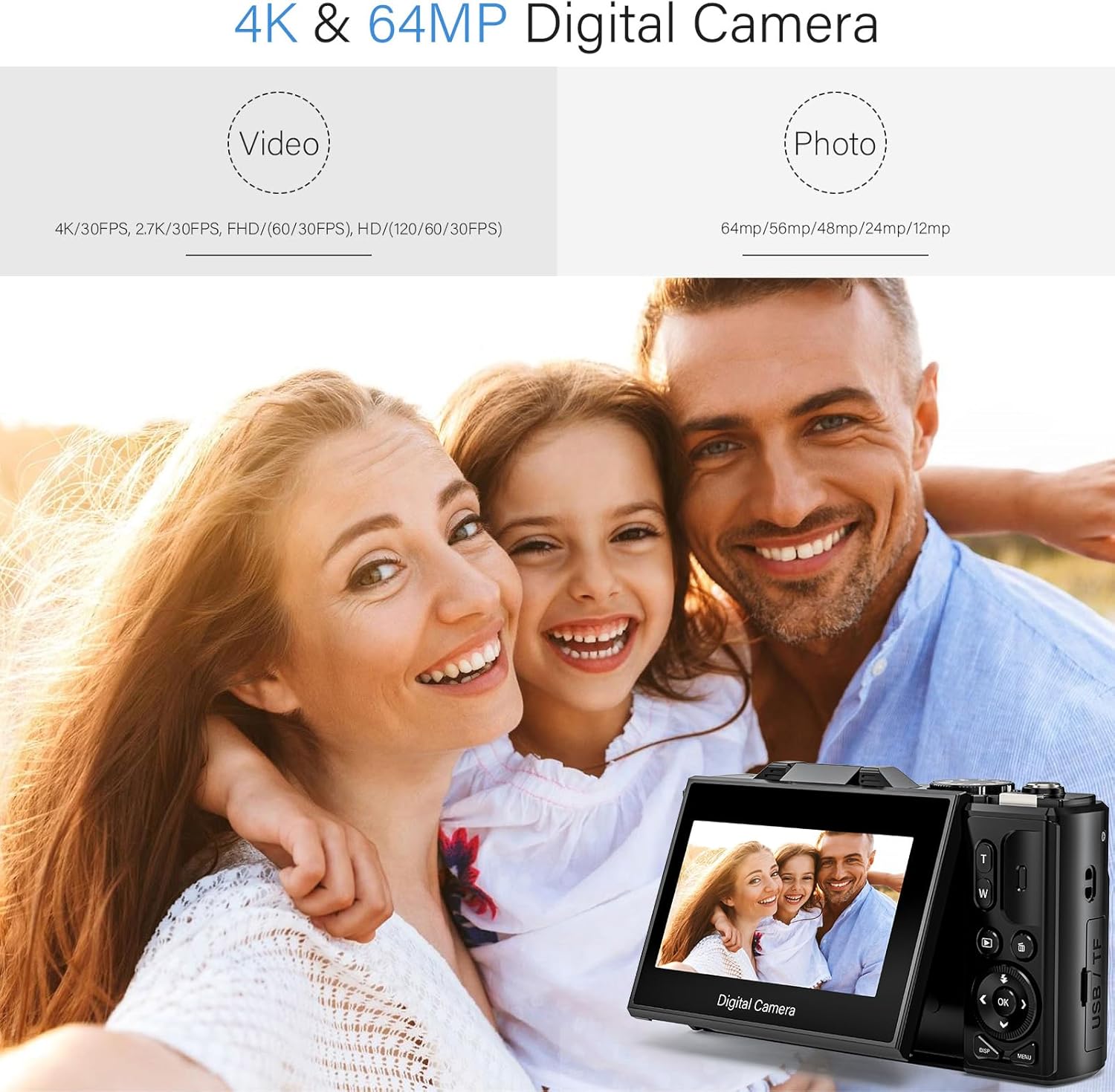 4K Digital Camera for Photography, 64MP Vlogging Camera for YouTube with 18X Zoom, Auto-Focus 4K Video Camera with 32GB SD Card