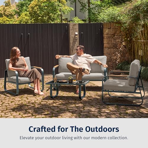EAST OAK Courtyard Patio Furniture Set, 4-Piece Outdoor Patio Set with Sofa, Removable & Washable Deep Seating Cushion, Tempered Glass Table
