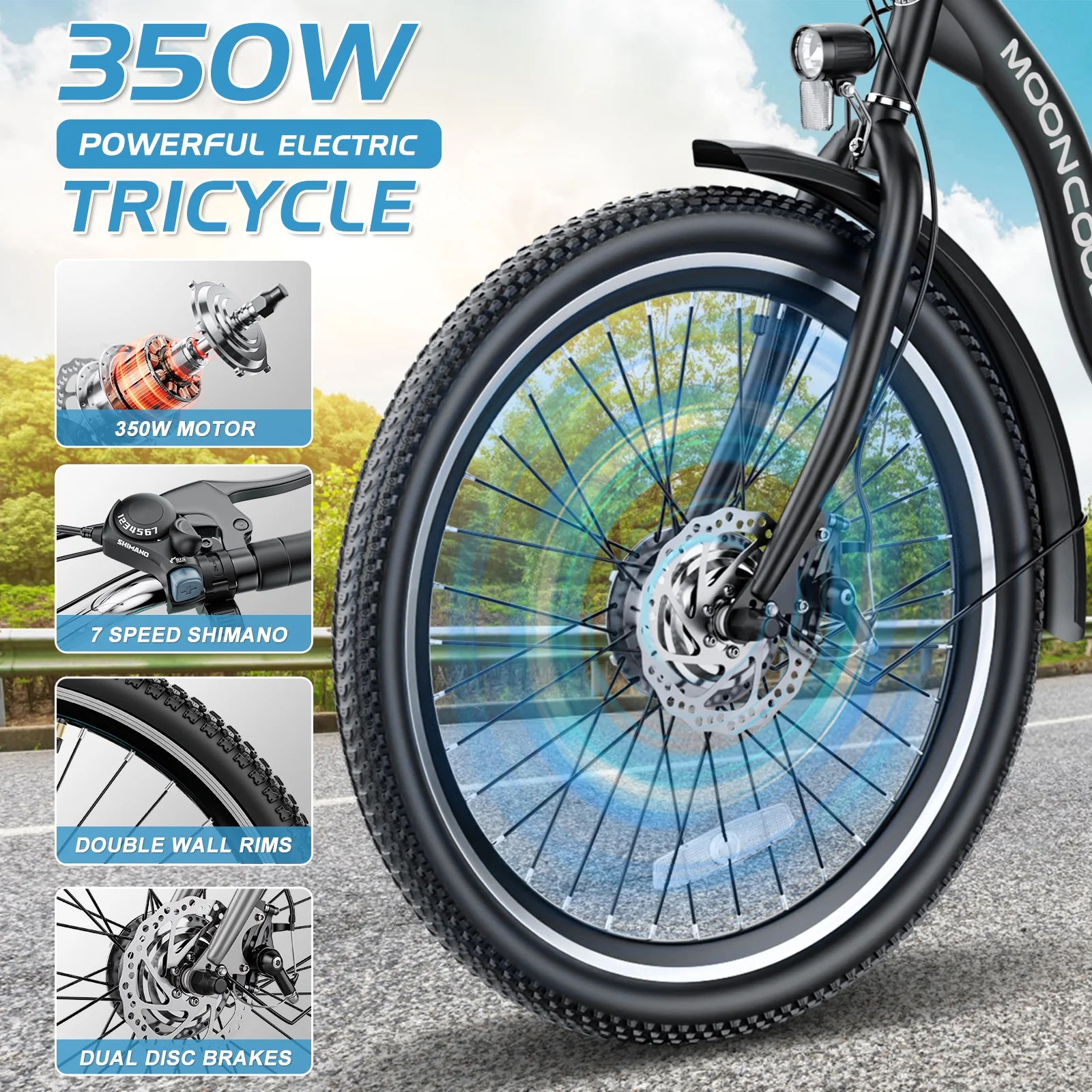 MOPHOTO 26" 350W 36V 7 Speeds Electric Tricycle for Adult, Electric Trike with Basket , 3 Wheel Electric Bikes with Led Headlight