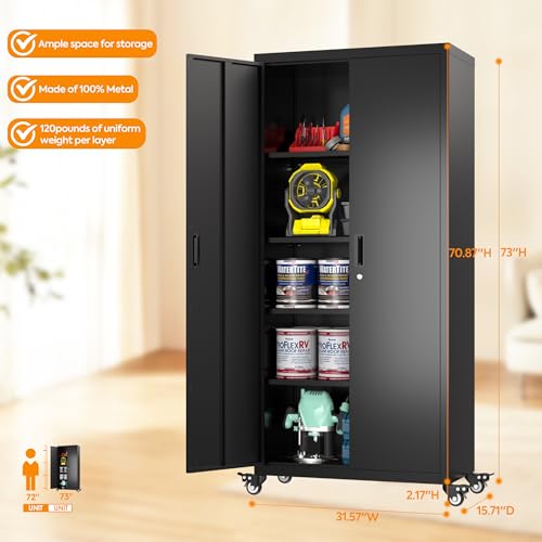 Metal Storage Cabinet with Wheels, 73" H Rolling Garage Cabinets with Locking Doors and Adjustable Shelves for Home Office, Basement, Pantry, Workshop