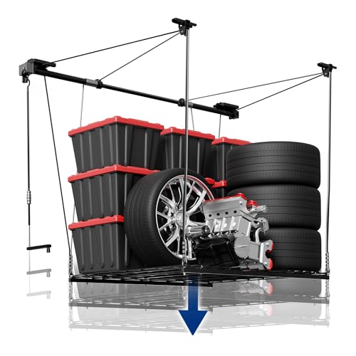 FLEXIMOUNTS GL1 Overhead Garage Lifting Storage Rack, 4x4 Ft Heavy-Duty Metal Garage Ceiling Rack, Adjustable Organization System With 71''
