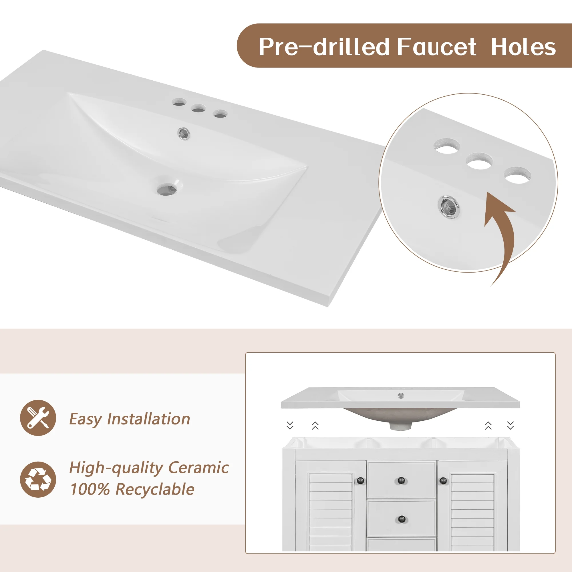 EUROCO 36" Bathroom Vanity with Ceramic Basin,Modern Freestanding Bathroom Storage Cabinet with 3 Drawers , 2 Doors and Open Shelf,Solid Wood Frame