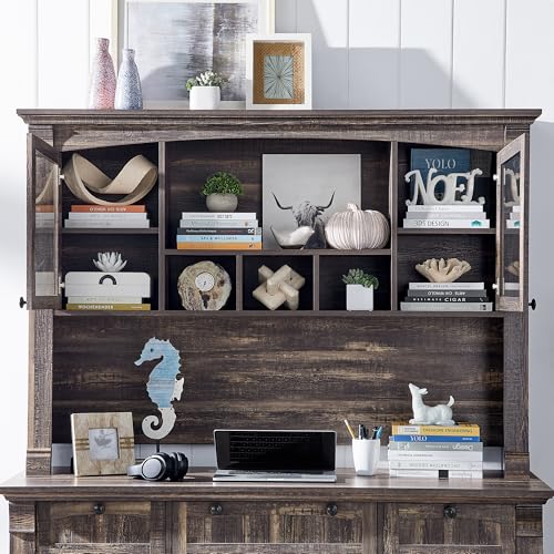 OKD 60" Executive Desk with Drawers, Farmhouse Home Office Desk with Charging Station, Keyboard Tray, File Cabinet Storage