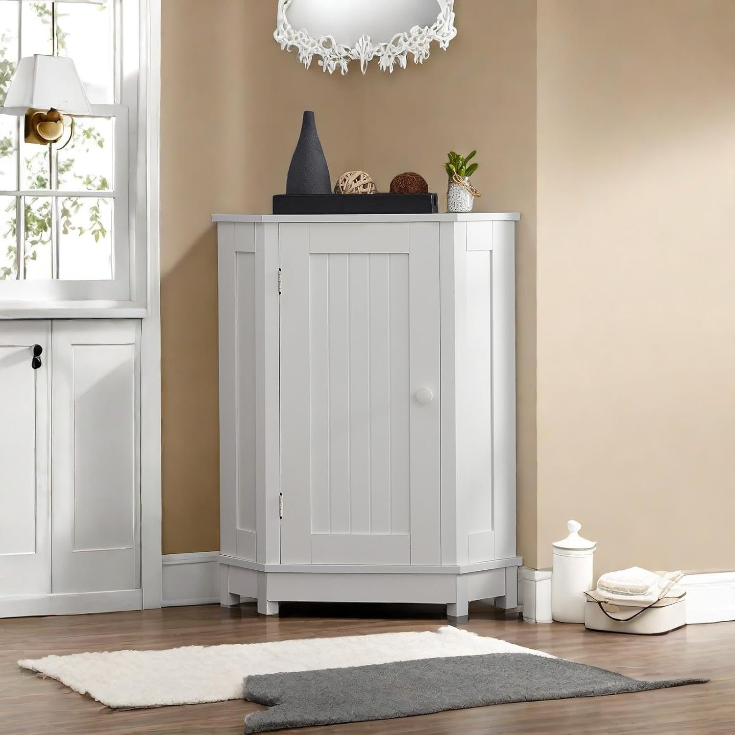 Stylish White Corner Cabinet with Adjustable Shelves, Space-Saving Design, Ideal for Bathroom, Living Room or Dining Room