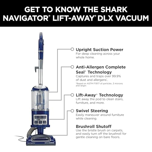 Shark Upright Vacuum, Navigator Lift-Away Deluxe with Large Dust Cup Capacity, HEPA Filter, Swivel Steering, Upholstery Tool & Crevice Tool, Blue