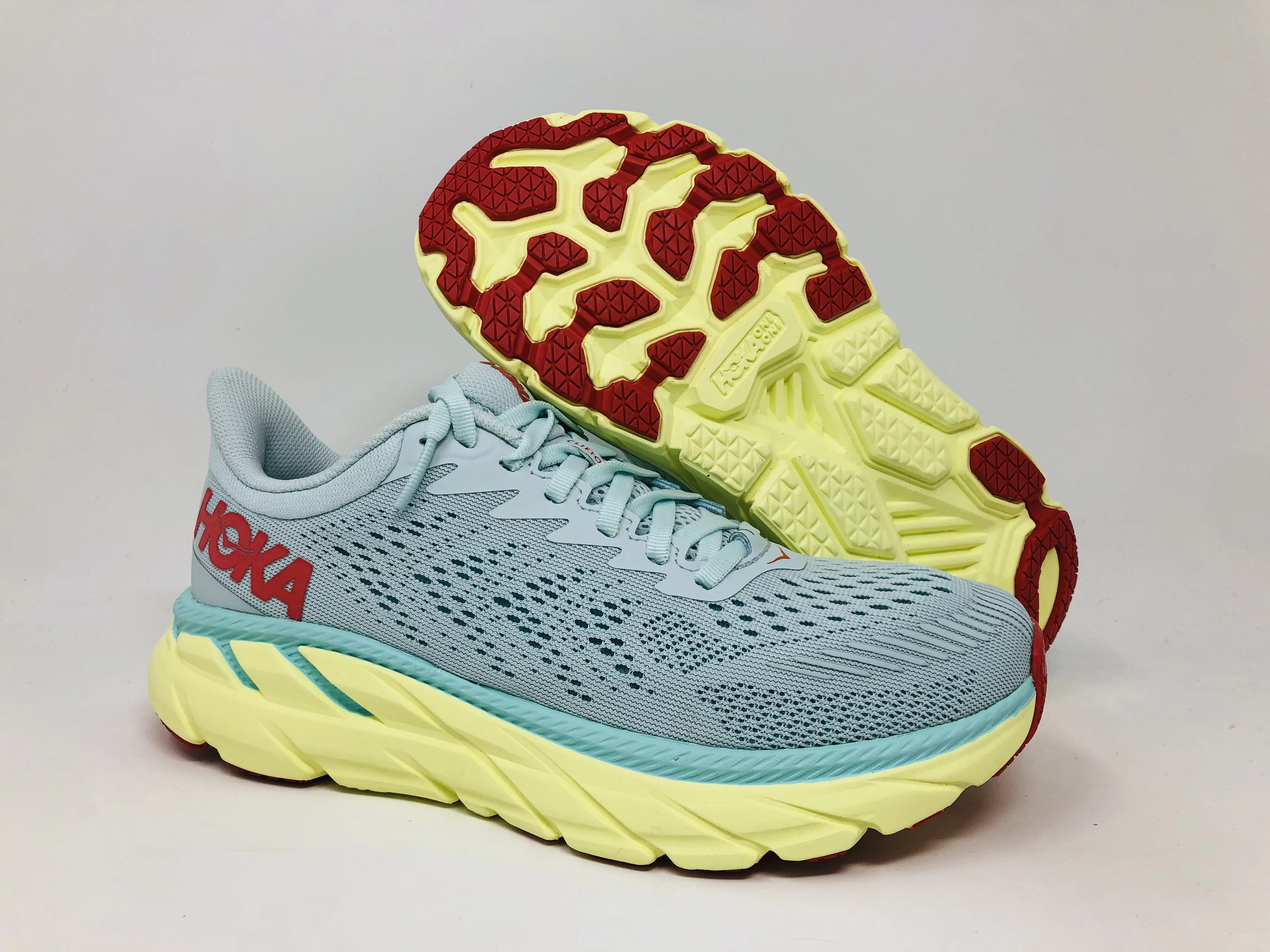 HOKA Women's Clifton 7 Road Running Shoes, Morning Mist/Hot Coral, 10.5 B(M) US