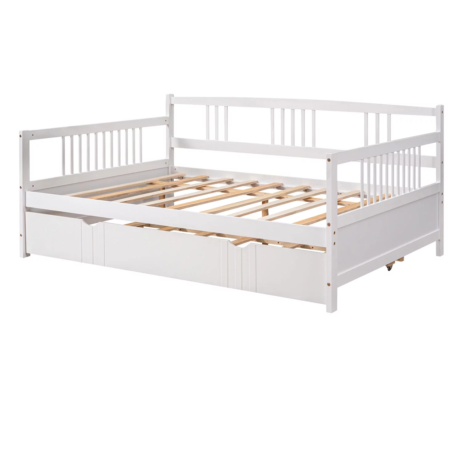 Royard Oaktree Full Size Daybed with Twin Trundle Bed Wood Sofa Bed with Slats Support, White