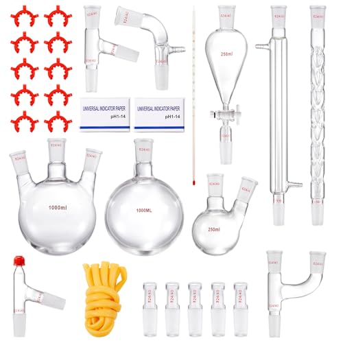 VEVOR New Laboratory Glassware 24/40 Chemistry Glassware 29PCS Chemistry Lab Glassware Kit 250 1000ml for Distillations Separation Purification