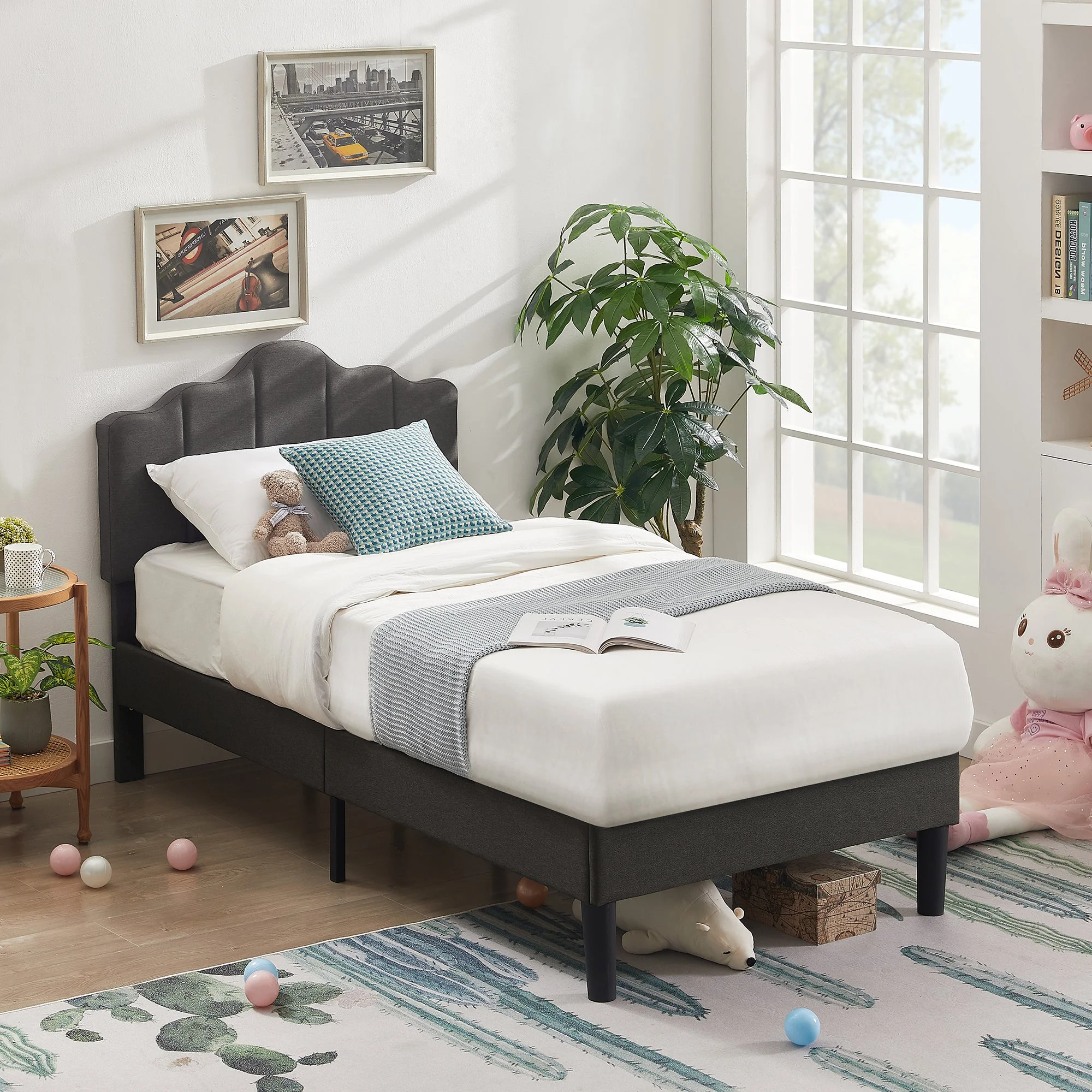 VECELO Twin Size Bed with Adjustable Headboard, Modern Upholstered Platform Bed Frame for Bedroom, No Spring Box Need, Dark Grey