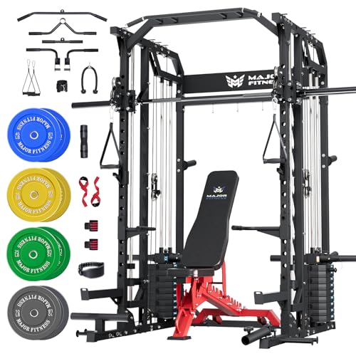 Major Fitness Drone2 Advanced Training Smith Machines– All-in-One Home Gym Squat Rack with Aluminum Pulley Set , Weight Bar