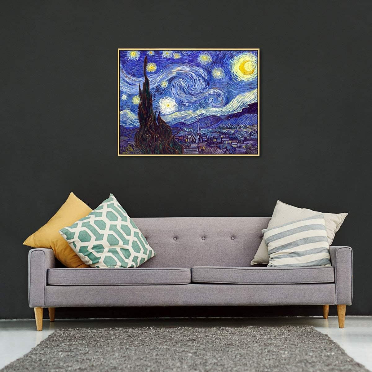 Wieco Art Framed Art Canvas Prints of Starry Night by Vincent Van Gogh Paintings Reproduction Post-Impressionism Artwork Framed Wall Art for Living