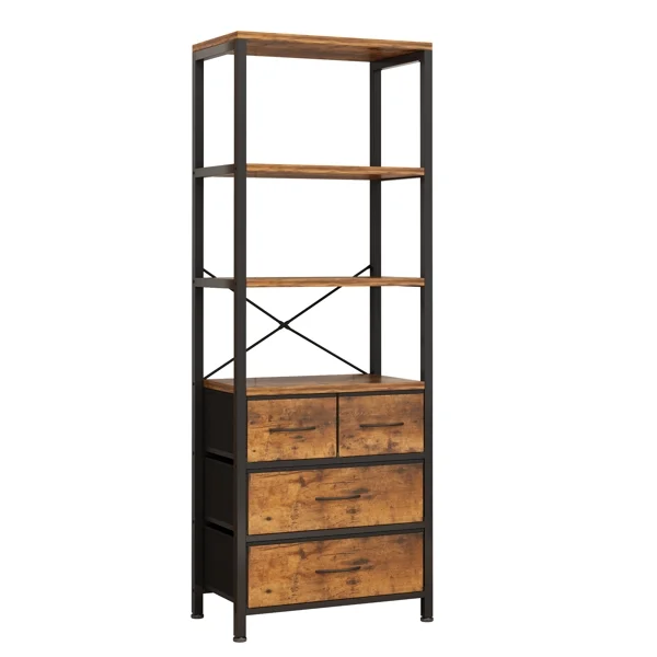 SYTHERS 6 Layer Bookshelf with Drawers, Tall Bookcase with Shelves, Wood & Metal Book Shelf Storage Organizer