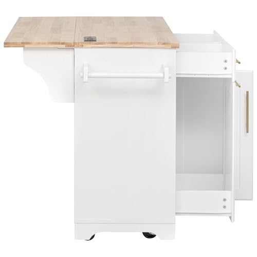 Merax 59.3" Kitchen Island with Storage, 2 Pull Out Cabinet Organizers & Rubber Wood Drop Leaf, Rolling Island Table with Trash Can Storage