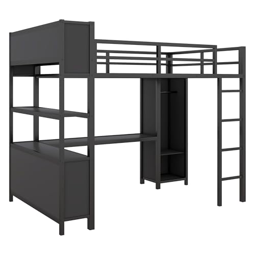 Bellamave Metal Loft Bed with Wardrobe and L-Shaped Desk, Full Size Loft Bed with Storage Cubes and Shelves, Heavy Duty LoftBed for Kids Teens Adults