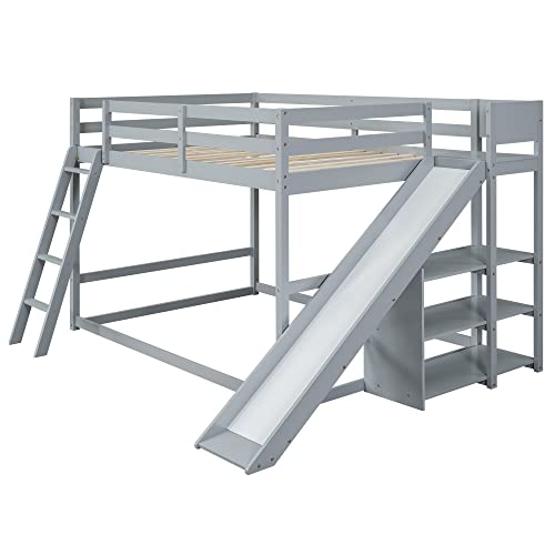 Full-Over-Full Castle Style Bunk Bed with 2 Drawers and 3 Shelves, Wood Bunk Bed Frame with Slide and Storage Staircase for Kids Teens Boys Girls