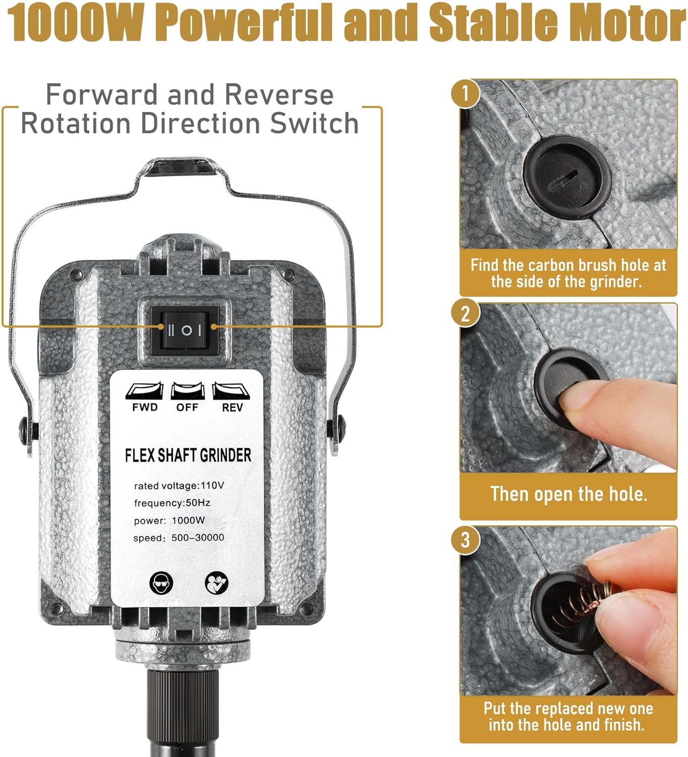 FlySkip Flex Shaft Rotary Tool 1000W 30000RPM,Flex Shaft Hanging Grinder Carver with Forward and Reverse Rotation