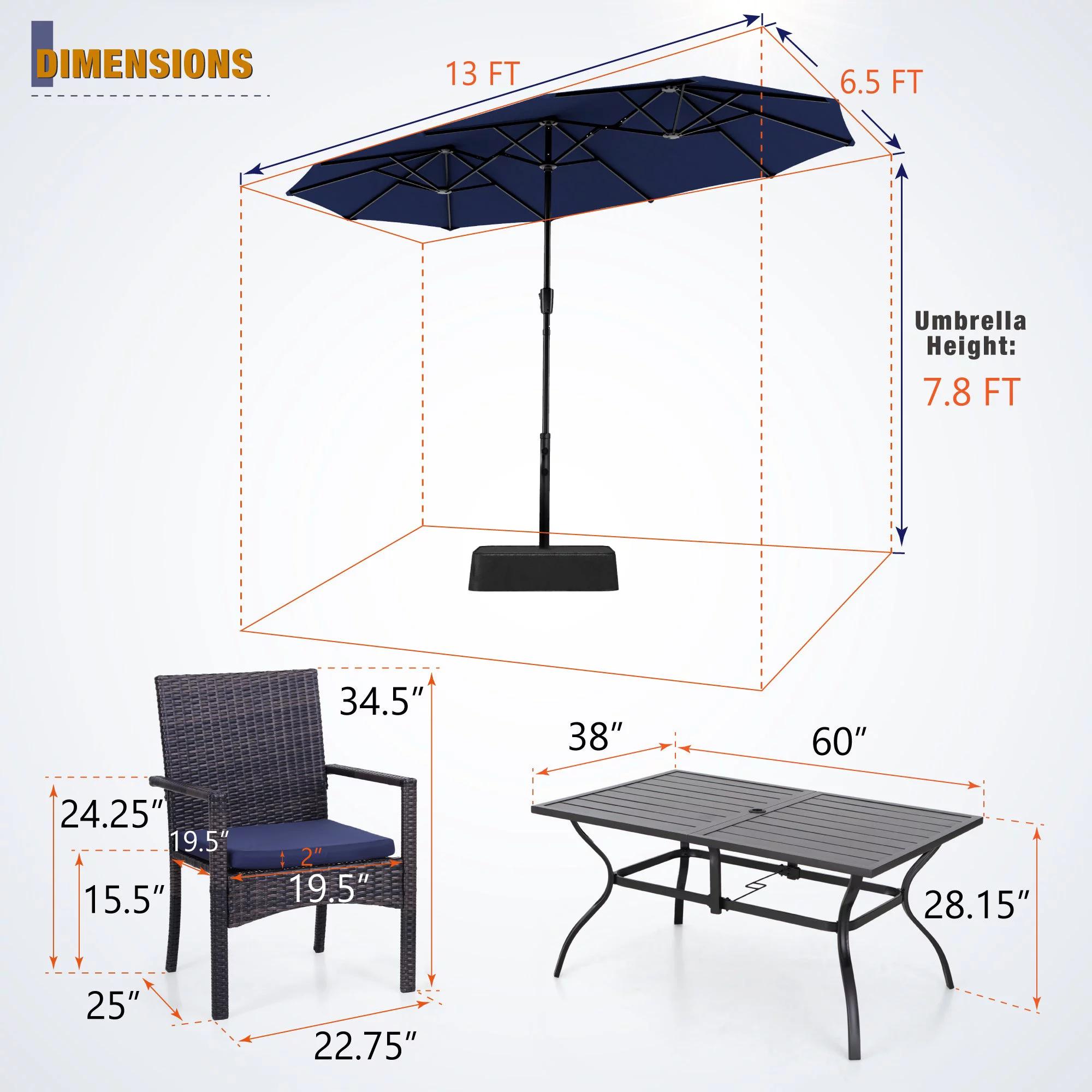 Sophia & William 8-Piece Outdoor Patio Set with 13 ft Navy Umbrella, Rattan Chairs & Rectangle Table for 6