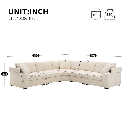 Merax 106" Corduroy Sectional Corner Sofa with Cup Holders & USB Charger, 5 Seat Convertible L Shaped Couch Set with Armrest Storage