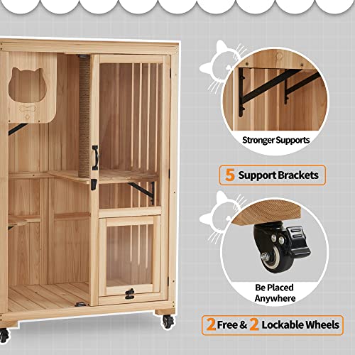 MCombo Luxury Cat House with Scratching Post, Wooden Multi Feature Large Cat Condo with Escape Door and Wheels