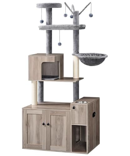 HOOBRO Cat Tree with Litter Box Enclosure, 68.9" H Cat Tower with Food Bowl and Storage, Hidden Litter Enclosure Furniture