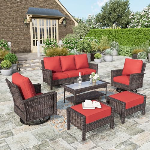 HERA'S HOUSE High Back Patio Furniture Set with Swivel Chairs, Outdoor Wicker Conversation Sets with 5.5" Comfy Cushions, 4 Piece Outside Sofa Sets