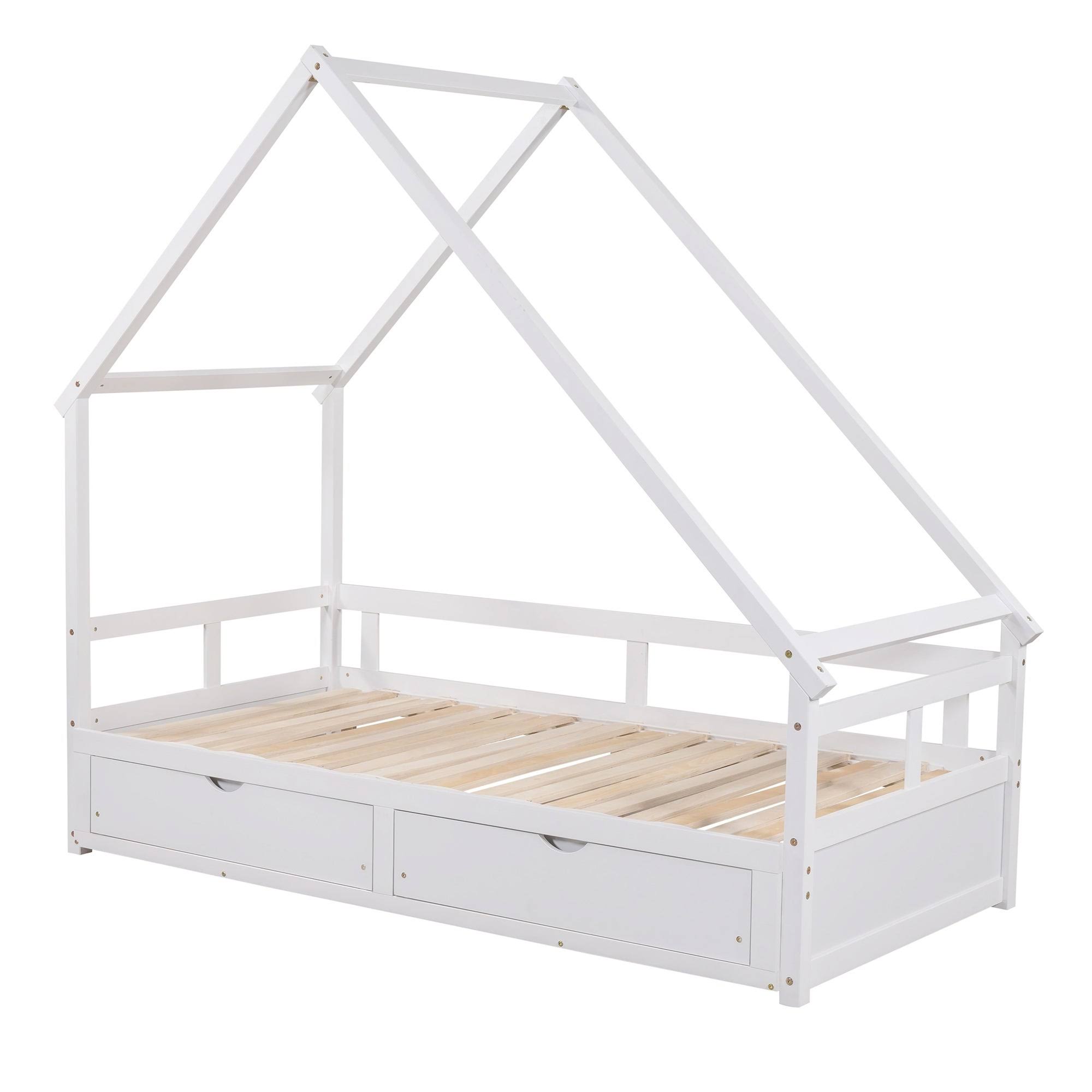 Twin-King Wooden House Extending Daybed with Two Drawers, Pine, White - Espresso