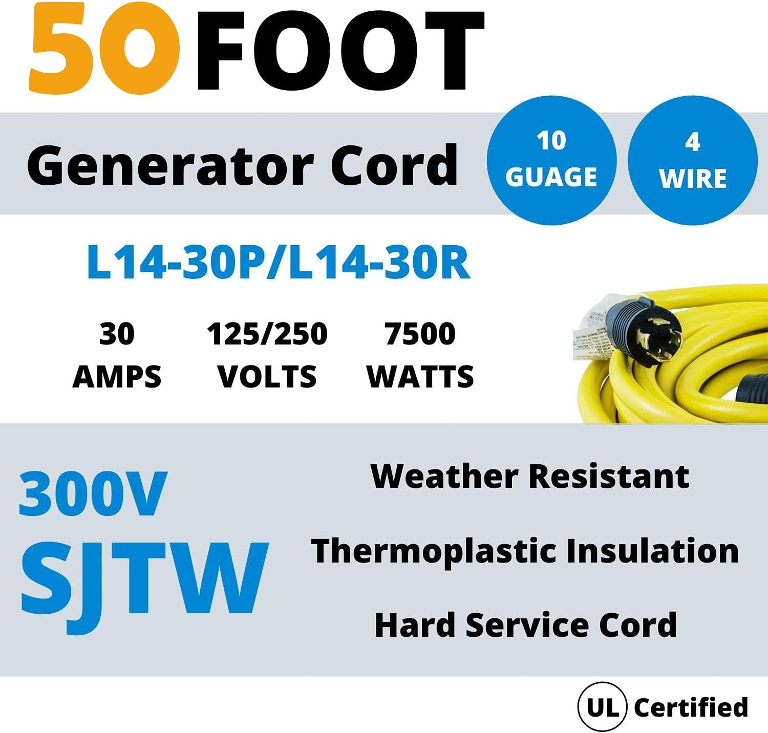 Houseables Generator Cord 30 Amp 4 Prong, Generators Extension, 50 Ft, 125-250v, 7500 watt max Rating, UL CUL, NEMA L-14-30P, Rubber, 10 Gauge